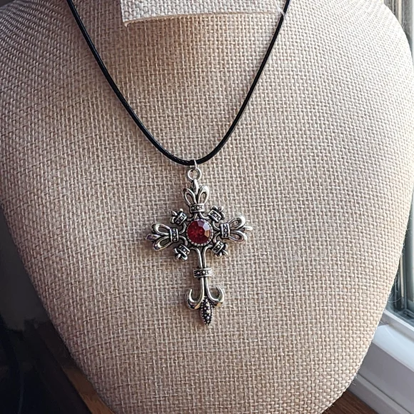 Elegant Silver Goth Easter Cross Pendant Necklace with Red Gem - Picture 5 of 8